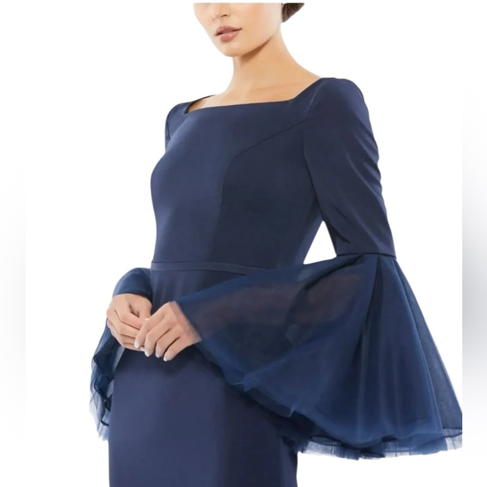Leena for Mac Duggal - Navy Flounce Sleeve Square Neck Column Gown Sz 6 - Picture 2 of 13